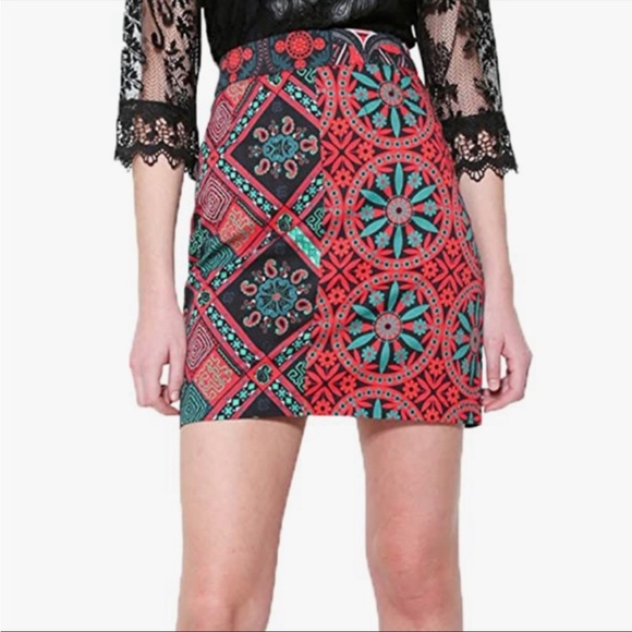 Desigual Henry Red Patterned Mini Skirt Size 38 Small - Picture 1 of 6